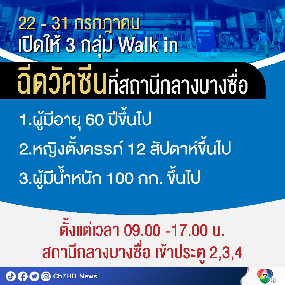 22 - 31 กรกฎาคม เปิดให้ 3 กลุ่ม Walk in ฉีดวัคซีนที่สถานีกลางบางซื่อ