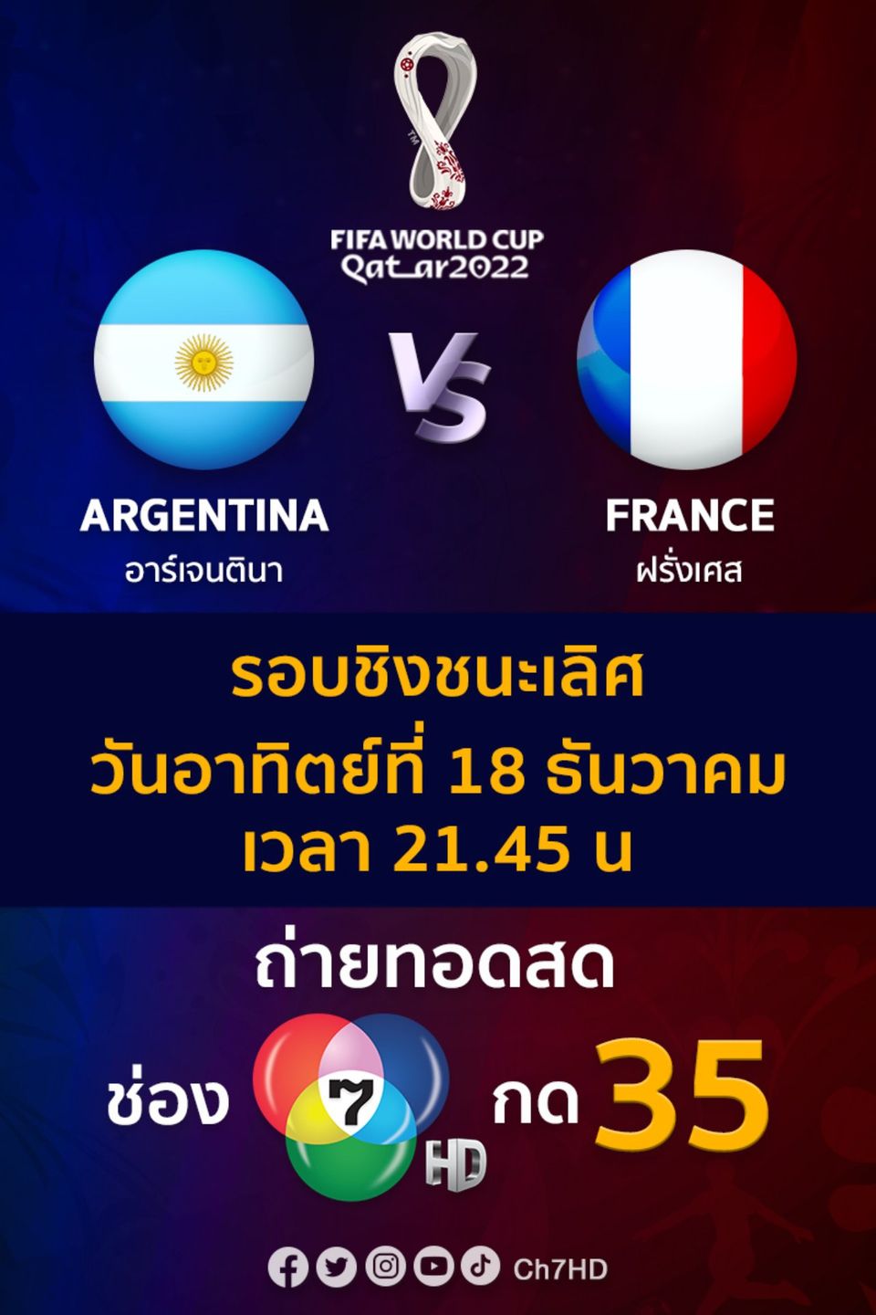 ช่อง 7HD ชวนคอบอลเชียร์นัดหยุดโลก ยิงสดรอบชิง ฟุตบอลโลก 2022   ฝรั่งเศส VS อาร์เจนติน่า  อาทิตย์ 18 ธ.ค.นี้ ตั้งแต่เวลา 21.45 น. 