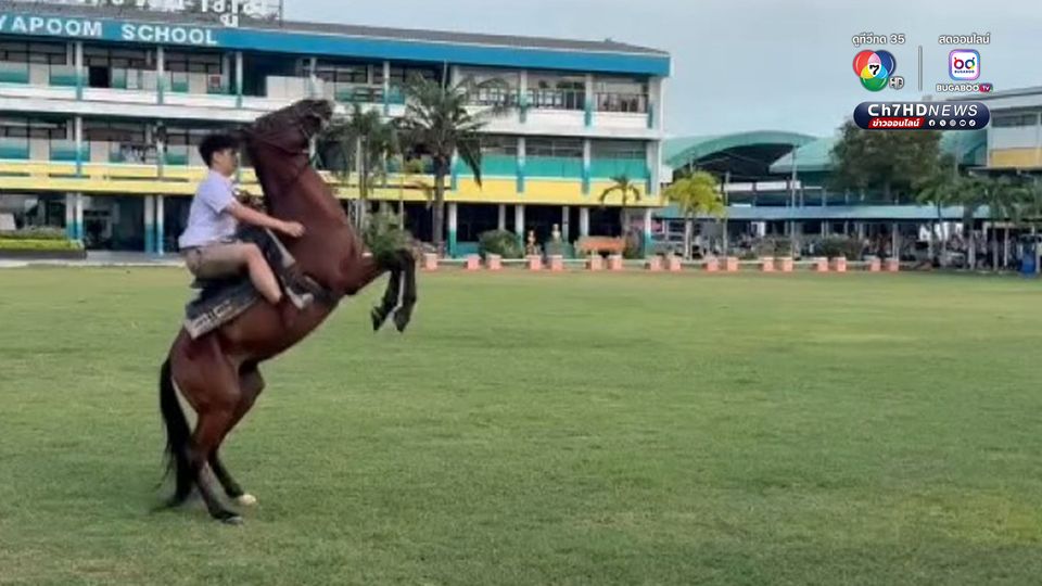 นักเรียนขี่ม้าไปโรงเรียน
