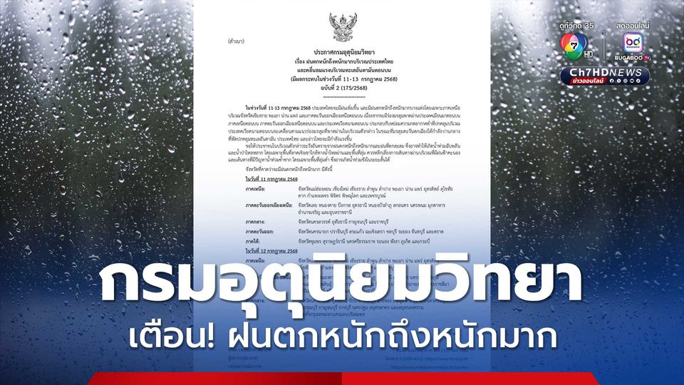 กรมอุตุนิยมวิทยา เตือนช่วงหยุดยาว 11-13 ก.ค.นี้ “เหนือ-อีสาน-ใต้” เจอฝนเพิ่ม หลายพื้นที่ฝนตกหนักมาก