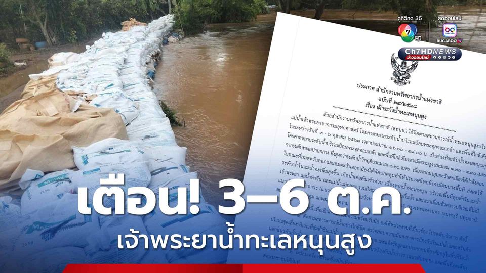สทนช. เตือน น้ำทะเลหนุนสูงช่วงเย็น 3 – 6 ต.ค.