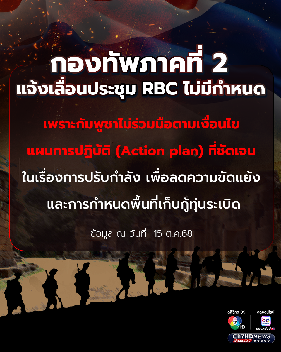กองทัพภาคที่ 2 แจ้งเลื่อนประชุม RBC ไม่มีกำหนด เพราะกัมพูชาไม่ร่วมมือตามเงื่อนไข แผนการปฏิบัติที่ชัดเจน