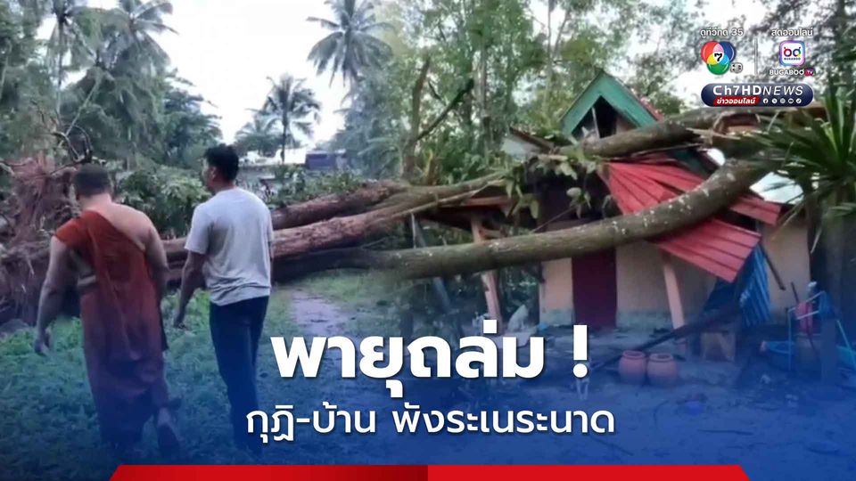 พายุพัดถล่ม ! ต้นไม้ล้มทับกุฏิ-บ้าน พังระเนระนาด