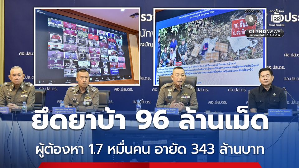 กวาดล้างยาเสพติดทั่วประเทศ จับ 1.7 หมื่นคน ยึดยาบ้า 96 ล้านเม็ด อายัดทรัพย์ 343 ล้านบาท