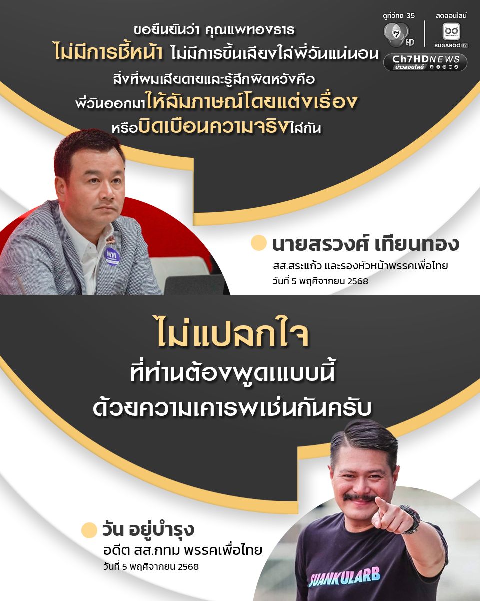 สรวงศ์ โต้ วัน อยู่บำรุง ยันวันที่ แพทองธาร เรียกคุย เป็นไปด้วยความให้เกียรติ ไม่มีชี้หน้า