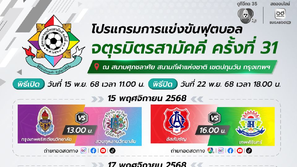 “ช่อง 7HD” ชวนชมสดเชียร์สะใจ ศึกลูกหนัง 4 สถาบัน “ฟุตบอลจตุรมิตรสามัคคี ครั้งที่ 31”