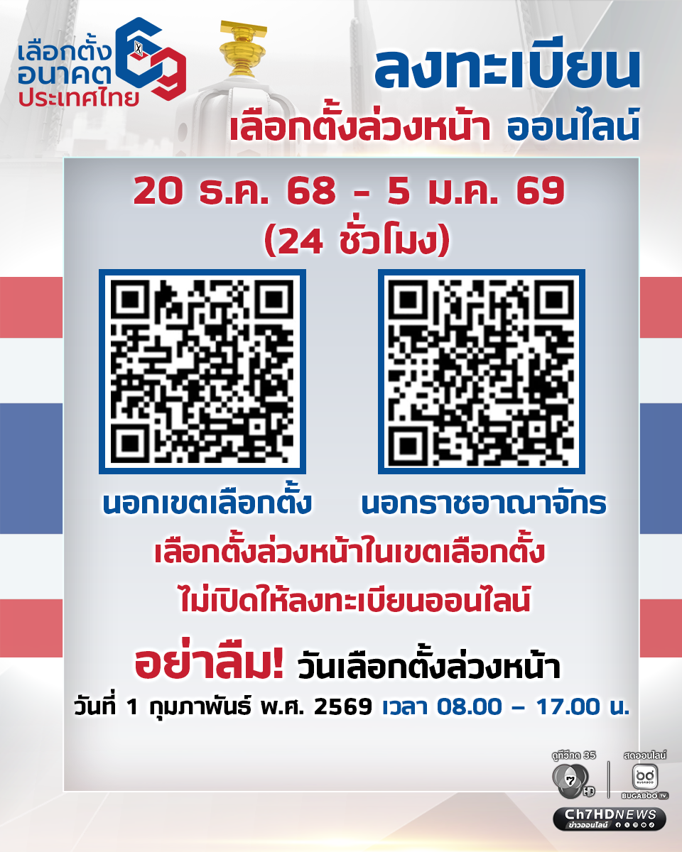 อัปเดต! ช่องทางลงทะเบียนเลือกตั้งล่วงหน้า ทั้งในเขต นอกเขต และ นอกราชอาณาจักร 20 ธ.ค.68 – 5 ม.ค.69