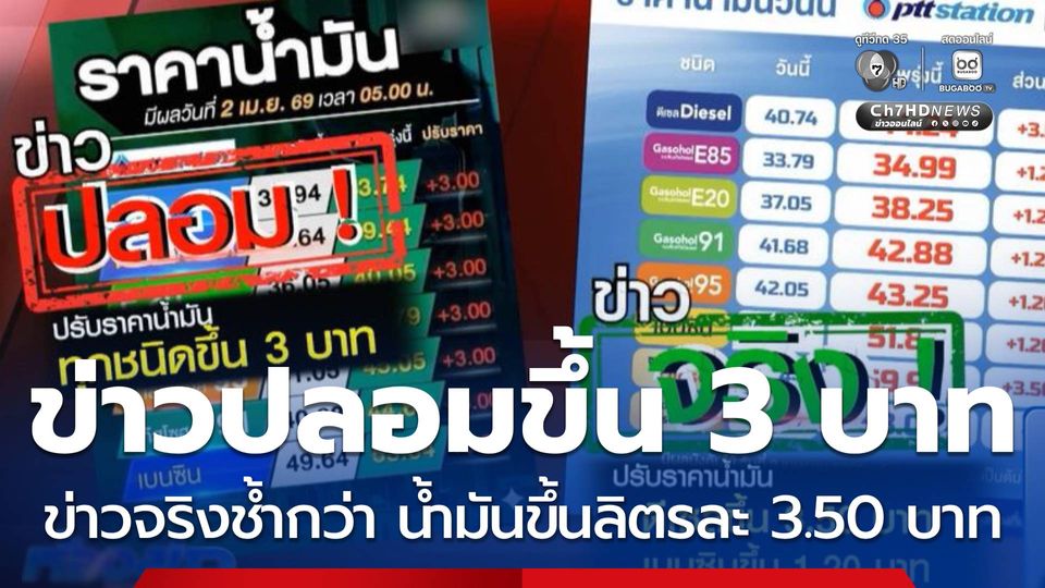 ข่าวปลอมน้ำมันขึ้นลิตรละ 3 บาท ข่าวจริงช้ำกว่า น้ำมันขึ้นลิตรละ 3.50 บาท