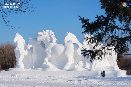 อลังการ! ผู้คนร่วมแกะสลักหิมะยักษ์ก่อนเปิดงานแกะสลักหิมะนานาชาติฮาร์บิน ซัน ไอส์แลนด์