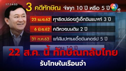 22 ส.ค. นี้ ทักษิณ กลับไทย รับโทษในเรือนจำ