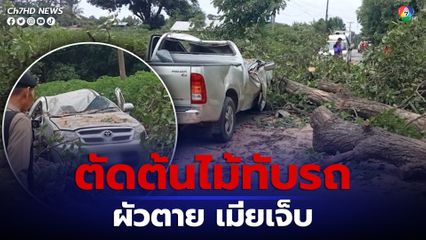 สลด ผัว-เมีย ขับกระบะออกจากบ้าน ถูกคนซื้อต้นไม้ ตัดโค่นไม้เต็งหนึ่งคนโอบล้มทับ ผัวตายคาที่ เมียเจ็บสาหัส