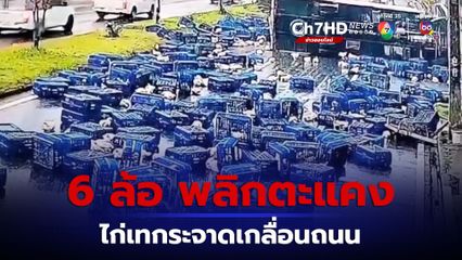 รถบรรทุก 6 ล้อ บรรทุกไก่เป็นมาเต็มคัน ถนนลื่น เสียหลักพลิกตะแคง ไก่เทกระจาดเกลื่อนถนน