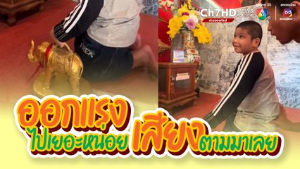 ผู้ปกครองพาลูกหลานไปยกช้างเสี่ยงทาย แต่ดูท่าจะออกแรงมากไปหน่อย จึงเผลอผายลมออกมา