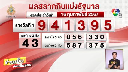 ผลสลากกินแบ่งรัฐบาล งวดประจำวันที่ 16 กุมภาพันธ์ 2567
