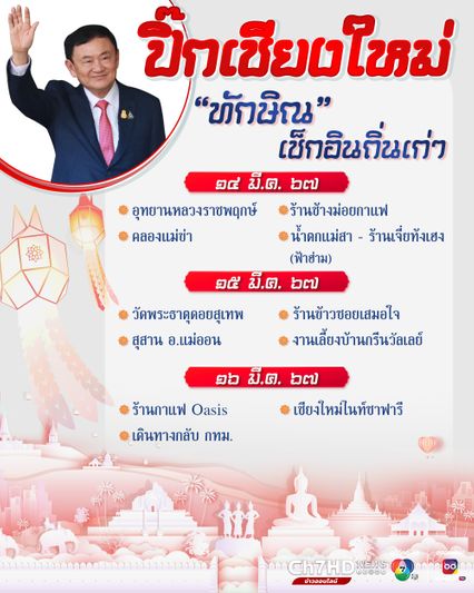เปิดจุดเช็กอิน ทักษิณกลับเชียงใหม่จังหวัดบ้านเกิด 14-16 มี.ค.นี้