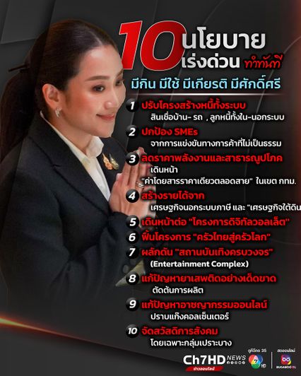 เปิดนโยบายรัฐบาล “แพทองธาร” หวังคนไทย "มีกิน มีใช้ มีเกียรติ มีศักดิ์ศรี"
