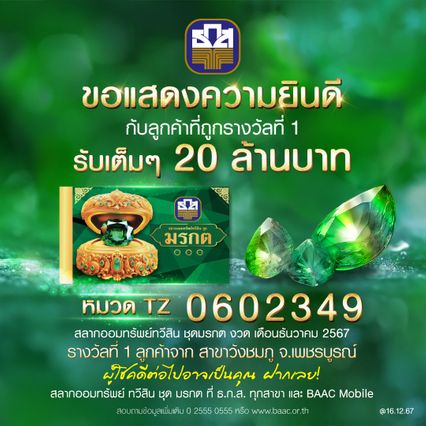 เศรษฐีใหม่ส่งท้ายปี สลาก ธ.ก.ส. รับโชคฉ่ำ 60 ล้าน 20 ล้าน