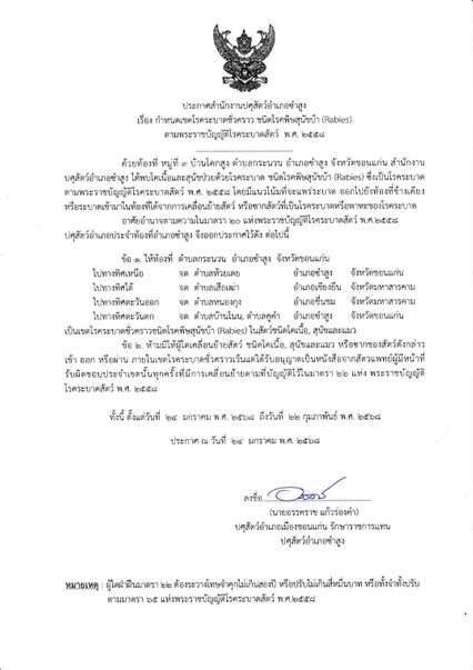 วัว-หมา ตายด้วยโรคพิษสุนัขบ้า ปศุสัตว์ อ.ซำสูง ประกาศเขตโรคระบาด