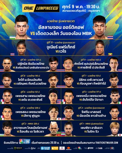 ONE ลุมพินี : อัสลามจอน ออร์ติคอฟ ท้าชนแหลก เด็ดดวงเล็ก วันของโอม MBK นำบู๊ศึก ONE ลุมพินี 107