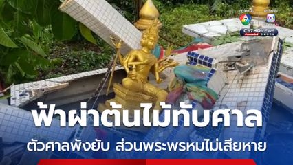 พายุฝนกระหน่ำ-ฟ้าผ่าต้นไม้ล้มทับศาลพระพรหม ตัวศาลพังยับ ส่วนพระพรหมไม่เป็นอะไร
