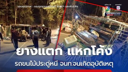 ยางแตก แหกโค้ง รถขนไม้ประดู่หนี จนท.จนเกิดอุบัติเหตุ