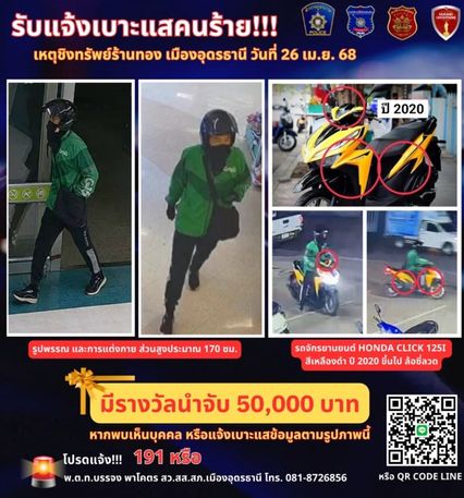 ตั้งรางวัลนำจับโจรชิงทองอุดรฯ  50,000 บาท หลังตามจับ 18 วัน ยังไร้วี่แวว