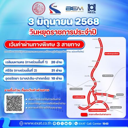 ทางด่วนฟรี 3 มิ.ย.68 ยกเว้นค่าผ่านทางพิเศษ! 3 เส้นทาง 61 ด่าน เช็กที่นี่