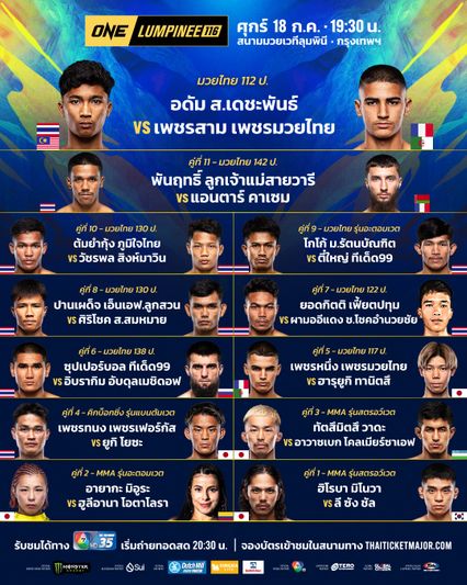 ONE ลุมพินี : “อดัม” รีแมตช์เดือด “เพชรสาม” นำบู๊ศึก ONE ลุมพินี 116