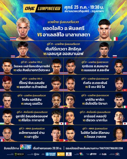 ONE ลุมพินี : เปิดโปรแกรมเต็มศึก ONE ลุมพินี 117 ยอดไอคิว อ.พิมลศรี ชนแกร่ง อาเลสสิโอ มาลาเทสตา