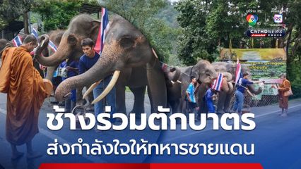ช้างพลายร่วมพิธีตักบาตร โชว์สเตปชูธงชาติ ส่งกำลังใจให้ทหารชายแดน