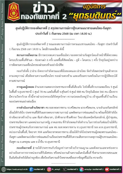 กองทัพภาคที่ 2 ตรวจพบโดรน 7 ครั้ง ฝ่ายไทยพร้อมตอบโต้ ตามสถานการณ์