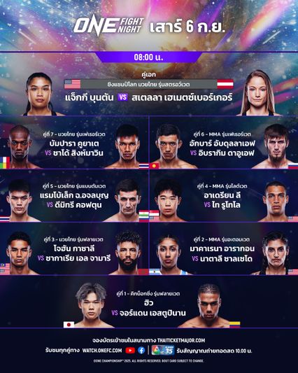 ONE Championship : 16 นักสู้พร้อมเสิร์ฟความมัน ศึก ONE Fight Night 35 เช้าวันเสาร์ 6 ก.ย.
