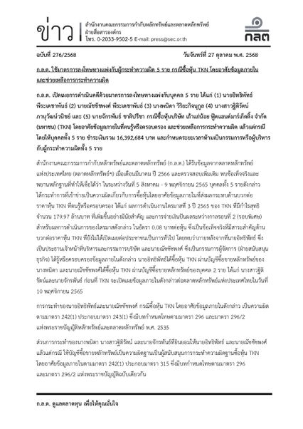 ก.ล.ต.ลงโทษทางแพ่ง “ต๊อบ อิทธิพัทธ์” กับพวก  อินไซด์หุ้น TKN ปรับ 16.3 ล้าน