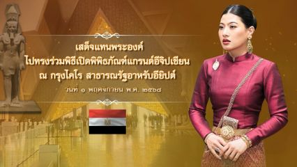 ประกาศสำนักพระราชวัง พระบาทสมเด็จพระเจ้าอยู่หัว ทรงพระกรุณาโปรดเกล้าโปรดกระหม่อมให้ สมเด็จพระเจ้าลูกเธอ เจ้าฟ้าสิริวัณณวรี นารีรัตนราชกัญญา เสด็จแทนพระองค์ ไปทรงร่วมพิธีเปิดพิพิธภัณฑ์แกรนด์อีจิปเชียน ณ กรุงไคโร สาธารณรัฐอาหรับอียิปต์