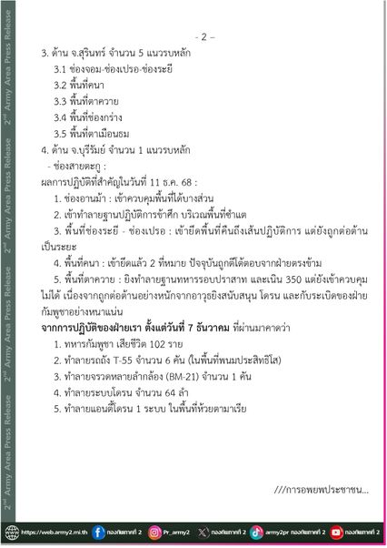 กองทัพภาคที่ 2 สรุปสถานการณ์ แนวชายแดนไทย-กัมพูชา  4 จังหวัดชายแดน 13 แนวรบ