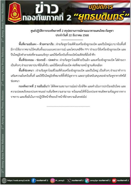 ครึ่งวันเช้า กัมพูชาโจมตีหนัก ทั้งเครื่องยิงลูกระเบิด-โดรนพลีชีพ