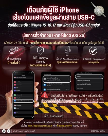 รีบตั้งค่าด่วน! เช็กสมาร์ทโฟนรุ่นไหน เสี่ยงโดนแฮกจากสายUSB-C
