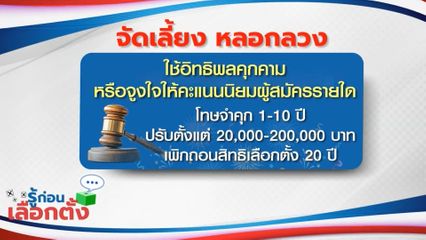 รู้ก่อนเลือกตั้ง 2569 : จัดเลี้ยง หลอกลวง ใช้อิทธิพลคุกคาม หรือจูงใจให้คะแนนนิยมผู้สมัครรายใด โทษจำคุก 1-10 ปี ปรับตั้งแต่ 20,000-200,000 บาท เพิกถอนสิทธิเลือกตั้ง 20 ปี