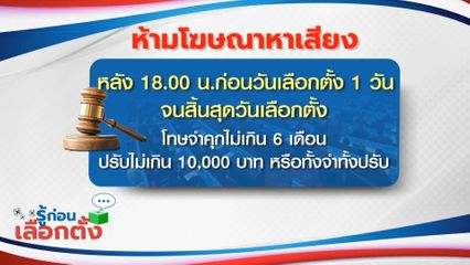 รู้ก่อนเลือกตั้ง 2569 : ห้ามโฆษณาหาเสียงหลัง 18.00 น.ก่อนวันเลือกตั้ง 1 วัน จนสิ้นสุดวันเลือกตั้ง โทษจำคุกไม่เกิน 6 เดือน ปรับไม่เกิน 10,000 บาท หรือทั้งจำทั้งปรับ