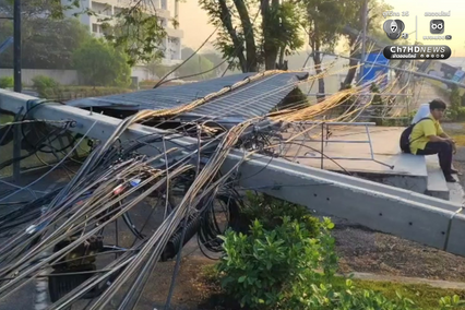 เปิดภาพความเสียหาย รถพ่วงเกี่ยวสายสื่อสาร เสาไฟล้ม 70 ต้น