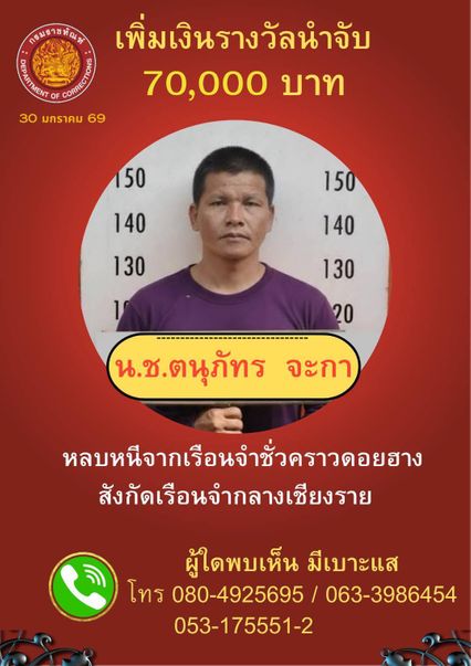 เพิ่มรางวัลนำจับ  นักโทษแหกหนีเรือนจำชั่วคราวดอยฮาง