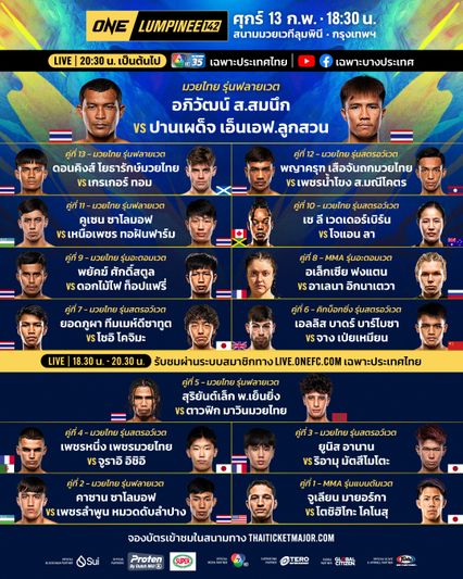 ONE ลุมพินี : ส่องโปรแกรมเต็ม ONE ลุมพินี 142 อภิวัฒน์ ส.สมนึก ปะทะแกร่ง ปานเผด็จ เอ็นเอฟ.ลูกสวน