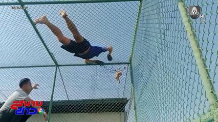 กู้ภัยปีนตะแกรงช่วยลูกแมวติดตึก จ.ฉะเชิงเทรา