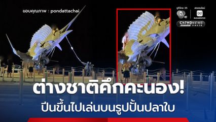 ต่างชาติคึกคะนอง ปีนขึ้นไปเล่นบนรูปปั้นปลาใบ