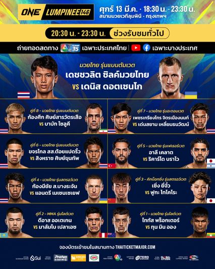 ONE ลุมพินี : กางโปรแกรมเต็ม เดชชวลิต ซิลค์มวยไทย รับน้องดุ เดนิส ดอตเซนโก นำทัพเดือด ศึก ONE ลุมพินี 146