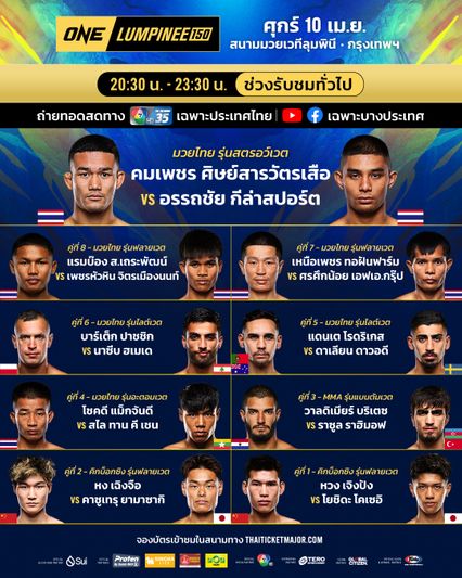 ONE ลุมพินี : นักสู้ 14 คู่ฝ่าด่านตาชั่งฉลุย ศึก ONE ลุมพินี 150