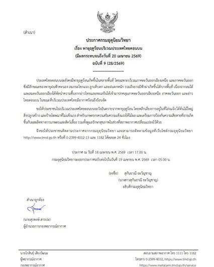 กรมอุตุฯ เตือนพายุฤดูร้อนบริเวณประเทศไทยตอนบน  ฉบับที่ 9 เช็กจังหวัดเสี่ยงโดนฝนถล่ม