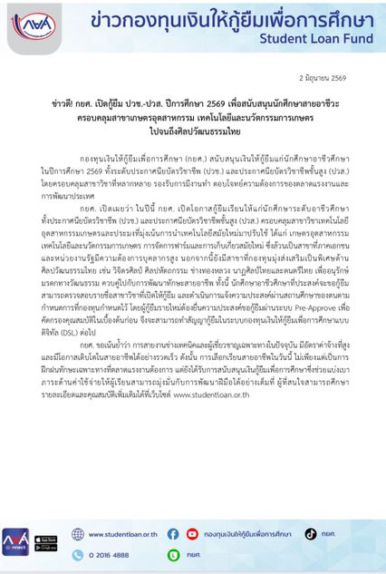 ข่าวดี! กยศ. เปิดกู้ยืม ปวช.-ปวส. ปีการศึกษา 2569 เพื่อสนับสนุนนักศึกษาสายอาชีวะ