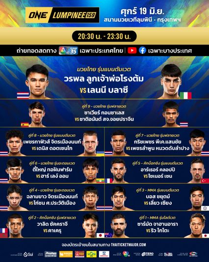 ONE ลุมพินี : โปรแกรมเต็ม ศึก ONE ลุมพินี 159 วรพล ลูกเจ้าพ่อโรงต้ม ปะทะ เลนนี บลาซี นำทีมลุย