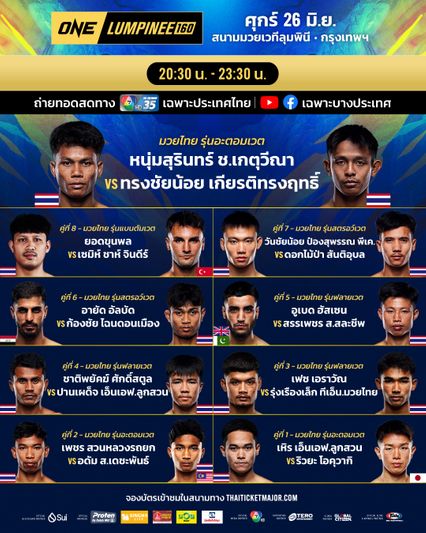 ONE ลุมพินี : เปิดโปรแกรมศึก ONE ลุมพินี 160 หนุ่มสุรินทร์ ช.เกตุวีณา ล้างตา ทรงชัยน้อย เกียรติทรงฤทธิ์
